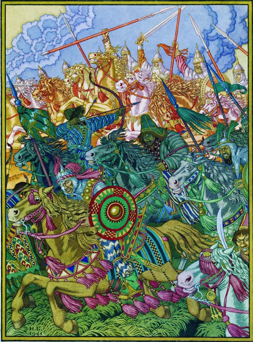 Ivan Bilibin — Bylinen-Schlacht · Wikimedia Commons (Public Domain) Ivan Bilibin — Bylinen-Schlacht · Wikimedia Commons (Public Domain)